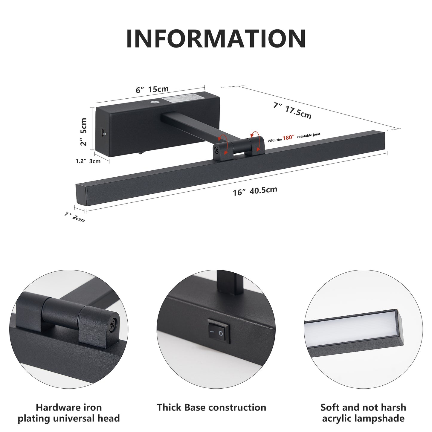 US Local 16inch Black Bathroom Light Fixtures Over Mirror Modern Dimmable LED Vanity Light For Bathroom Wall Lighting