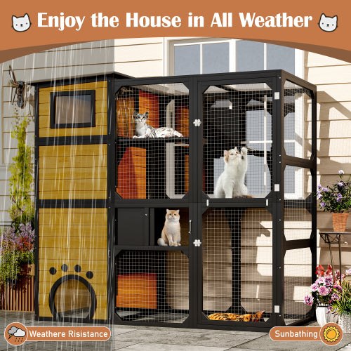 US Local GO Large Cat Catio 4 Tiers Cat Enclosure For Outdoor, Cat House Weatherproof Attached To Window For Multiple Cats With Platforms And Resting Rooms, Brown