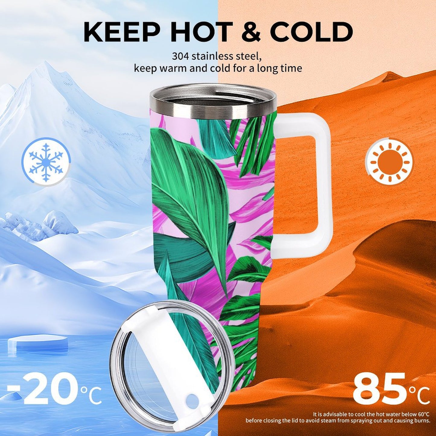 PHDT00466 POD US Local Tumbler 40 oz Large Capacity Car Cup Tropical, Monstera, Pink