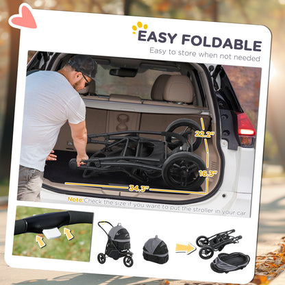 US Local 3 In 1 Pet Jogging Stroller For Small Dogs And Cats With Detachable Carrier, Storage Basket, Gray