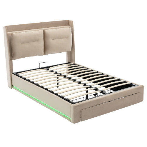 UK Local Upholstered Bed, 135x190 4ft6, Double Bed, Hydraulic Bed, 2-in-1 Storage Drawers At The End Of The Bed, Recessed LED Light Strips On Both Sides Of The Bed, Slatted Frame, Velvet,Beige