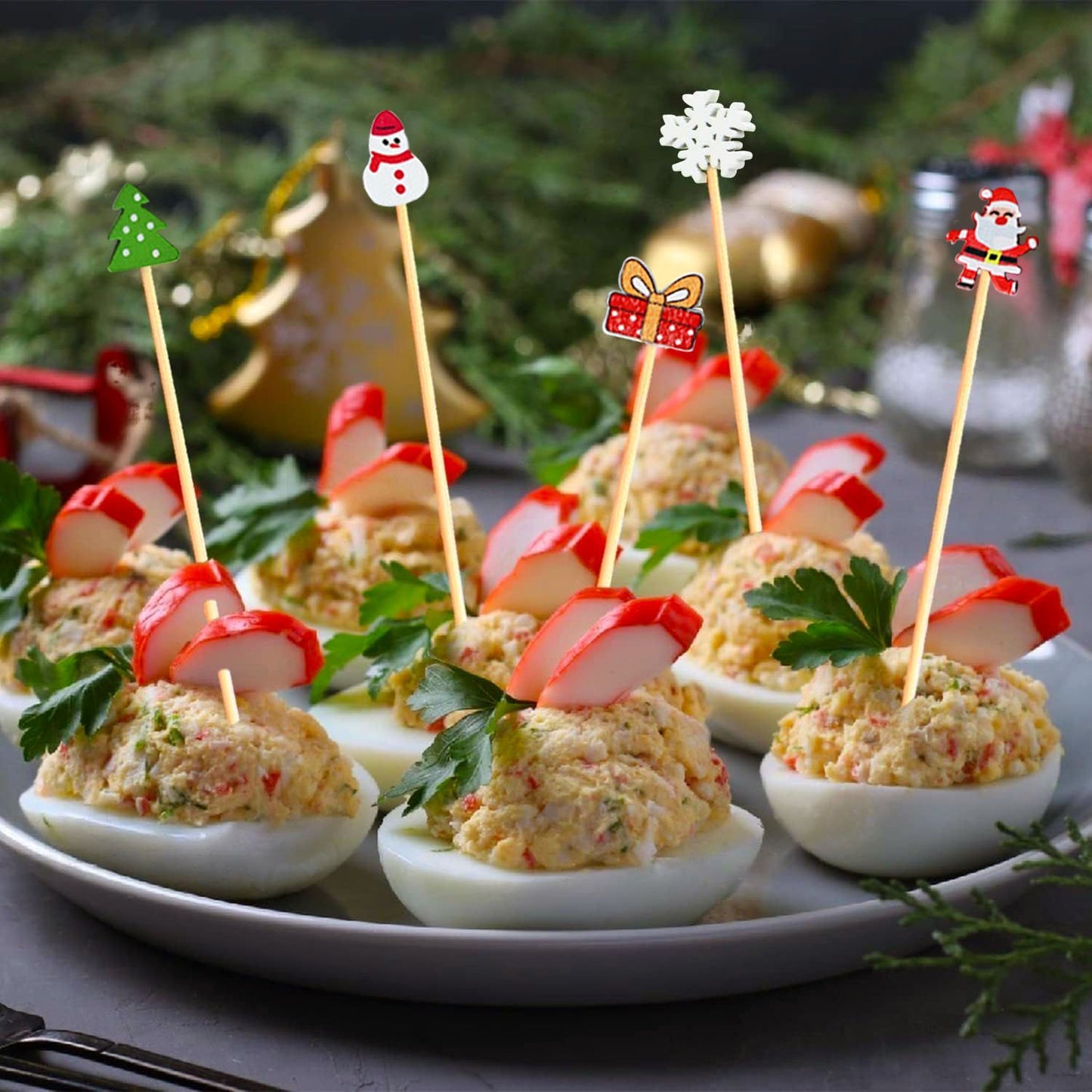 US Local Christmas Cocktail Pick Xmas Tree Snowflake Snowman Santa Claus Reindeer Pattern Sticks Cupcake Fruit Food Appetizer Skewers 4.9 In Bamboo Toothpicks For Christmas Holiday Party Favor Supplies