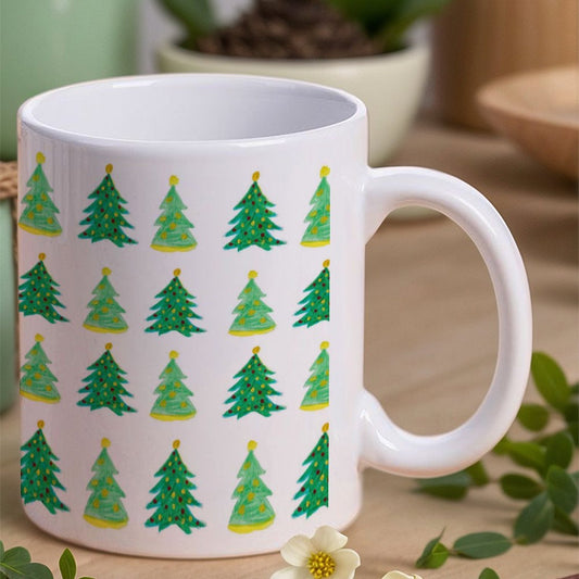 POD US Local White mug with full print, Christmas Tree, Hand Painted, Green 0009