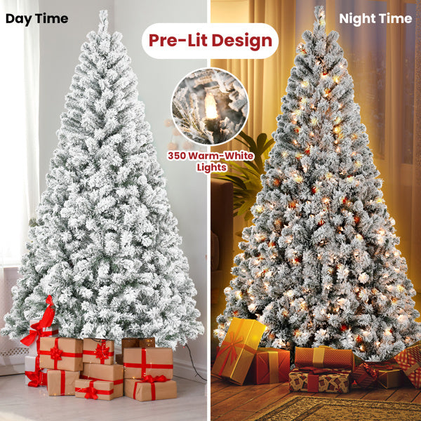 US Local Artificial 7ft Flocked Christmas Tree With 1022 PVC Branch Tips, 350L Warm White Led, Round Head, Foldable Base For Indoor Holiday Decorating