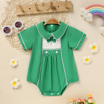 US Local Baby Green Lapel Short Sleeve Romper Clover Print Button Detail Playsuit With Snap Closure
