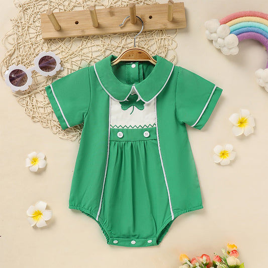 US Local Baby Green Lapel Short Sleeve Romper Clover Print Button Detail Playsuit With Snap Closure