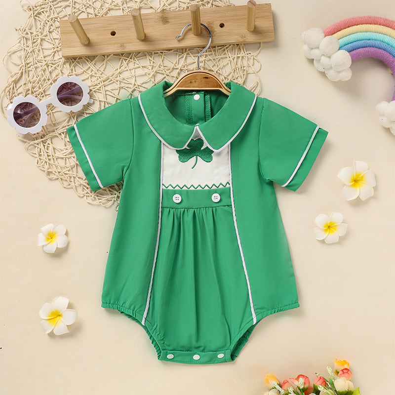 US Local Baby Green Lapel Short Sleeve Romper Clover Print Button Detail Playsuit With Snap Closure