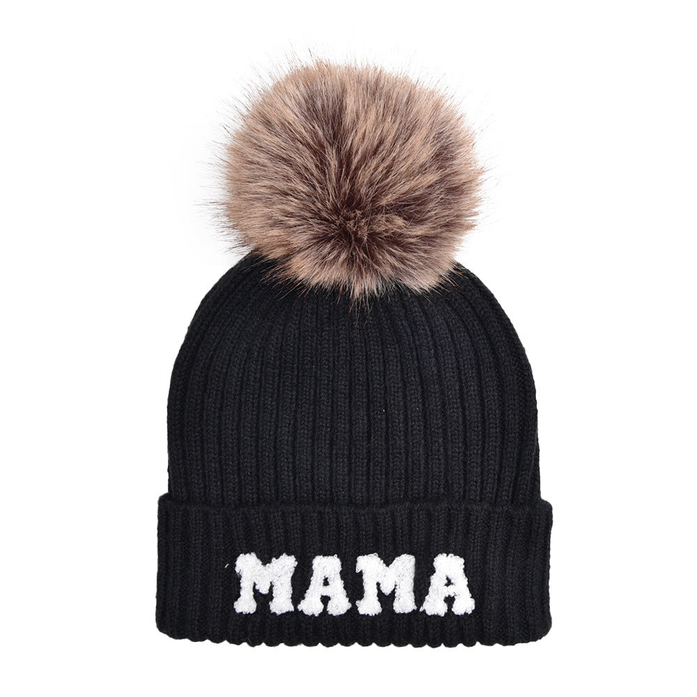 Letter MAMA Woolen Cap Outdoor Fur Ball Warm Hat