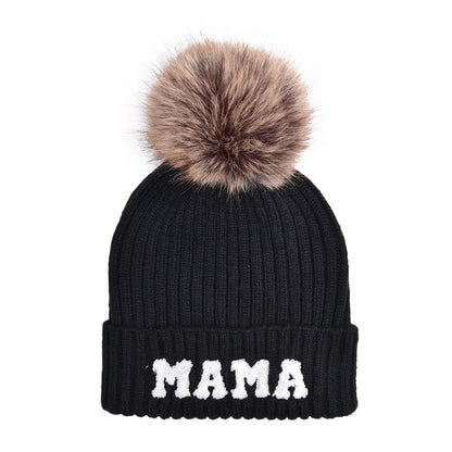 Letter MAMA Woolen Cap Outdoor Fur Ball Warm Hat