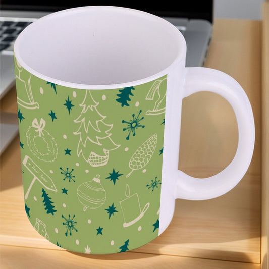 POD US Local White mug with full print, Christmas Trees, New Year, Trojans, Pinecones 0084