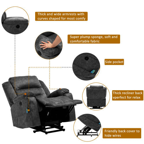 UK Local Electric Power Lift Recliner Chair Sofa With Massage And Heat For Elderly 2 Side Pockets USB Ports Single Recliner Chairs For Living Room Overstuffed Breathable Fabric Reclining