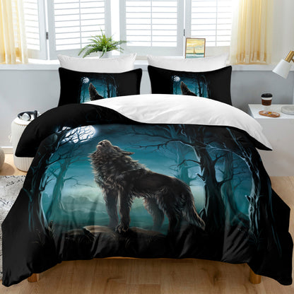 US Local Moon Wolf Bedding Green Watercolor Forest Wolf Landscape Duvet Cover Sets 3 Pieces Wild Animal Bedding Set Twin Full Queen King Size