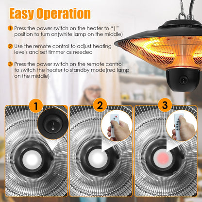 US Local 1500W Outdoor Patio Heater Electric Hanging Heated Ceiling Mounted Heating Lamp IP23 Waterproof With 3 Heating Levels 30Mins 60Mins Timer 2 Remote Control For Garage Balcony Courtyard