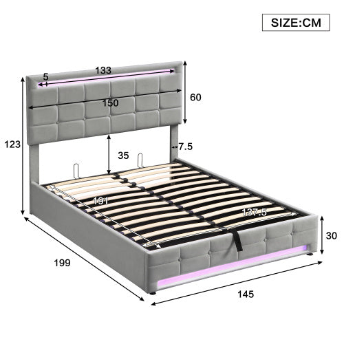 UK Local Upholstered Bed, Hydraulic Bed, Adults Teenagers 4ft6 Double Bed 135x190cm, Square Embellishment, With 7colors LED-light Strips, Velvet Iron, Grey