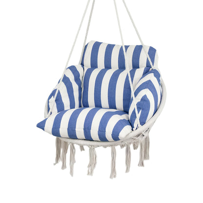 US Local Hammock Swing Chair, Hanging Chair With Large Cushion, Chain, Steel Frame For Indoor Outdoor Use, Blue And White