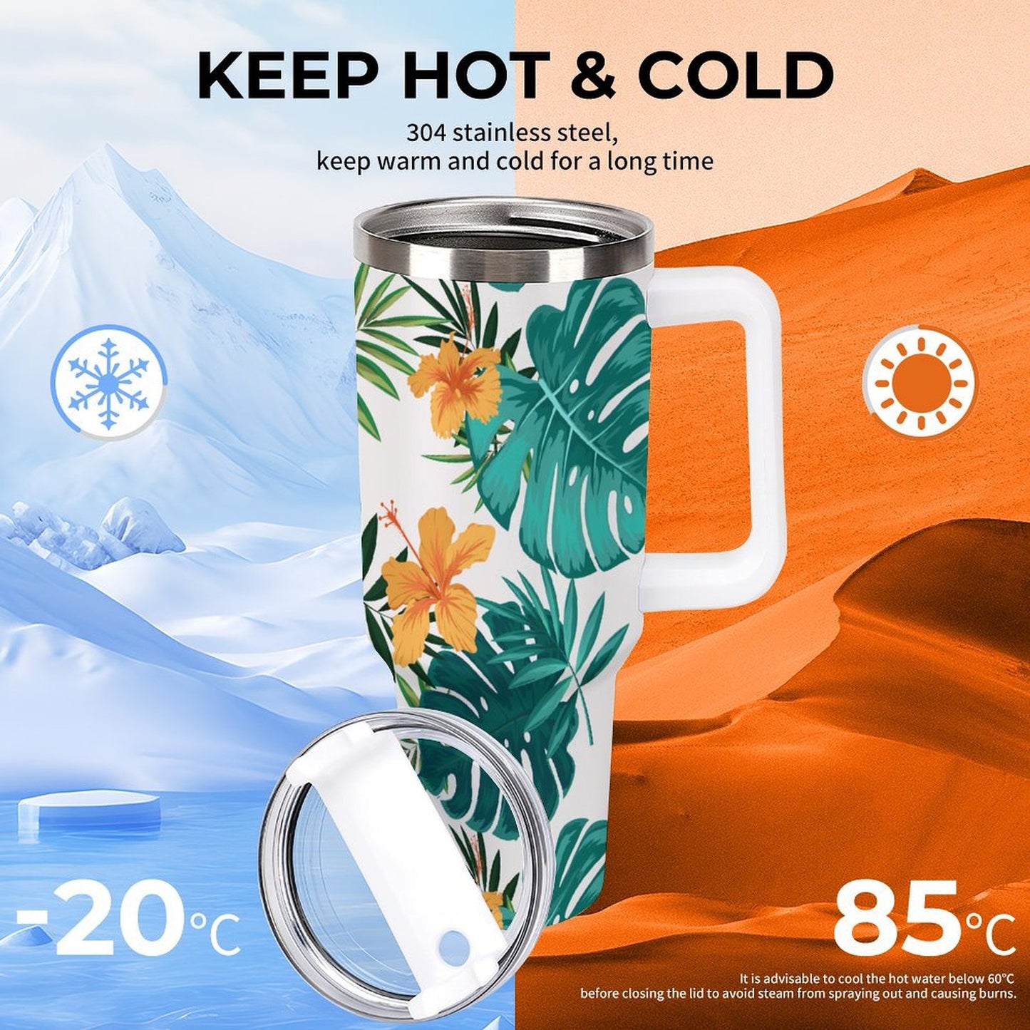 PHDT00464 POD US Local Tumbler 40 oz Large Capacity Car Cup Tropical, Foliage, Hibiscus Flowers