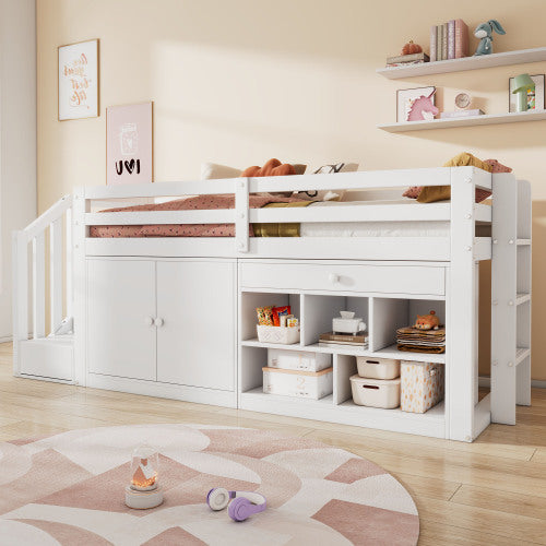 UK Local Multifunctional Wooden Children's Bed With Stairs And Storage Space, Stairs  Cabinets Interchangeable On The Left And Right, Drawers Reversible And Usable As A Desk, Without Mattress, 90x190, White
