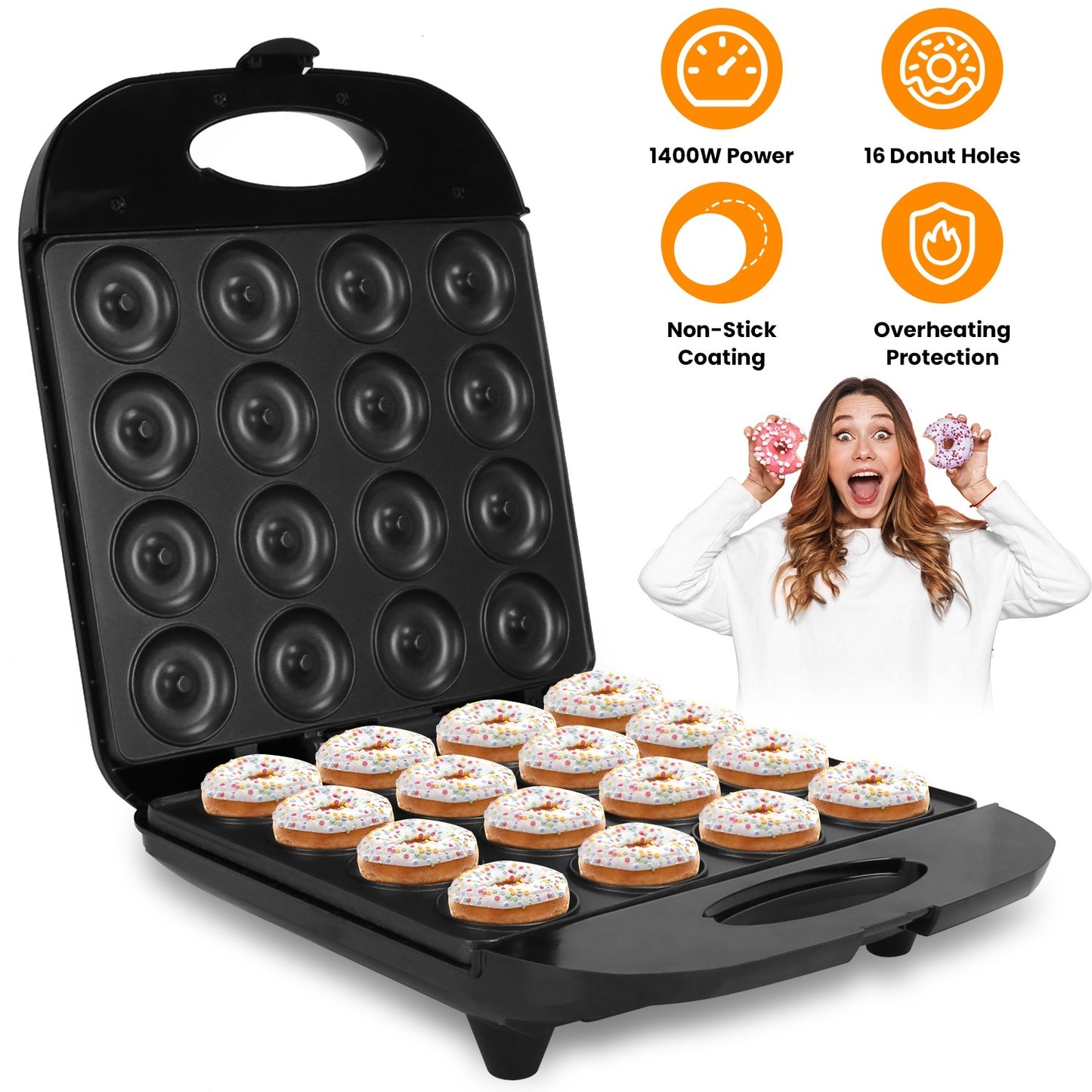 US Local 1Pc Mini Donut Maker Machine For Kids Snack Breakfast Desserts With 16 Doughnuts Holes Non Stick Coating Double-Side Heating Plates Overheating Protection