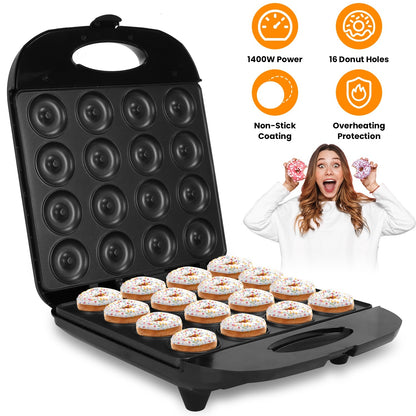 US Local 1Pc Mini Donut Maker Machine For Kids Snack Breakfast Desserts With 16 Doughnuts Holes Non Stick Coating Double-Side Heating Plates Overheating Protection