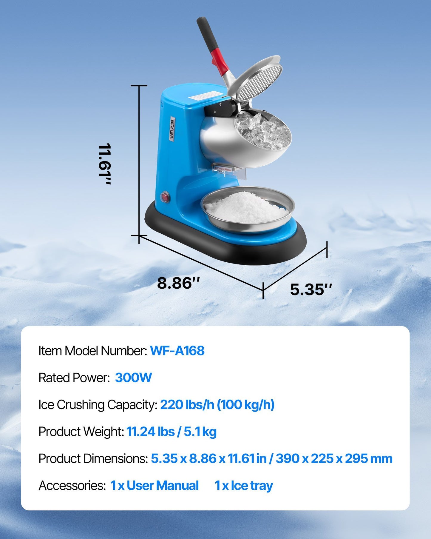 Commercial Ice Crusher 220LBSH Electric Snow Cone Maker Shaved Ice Blue