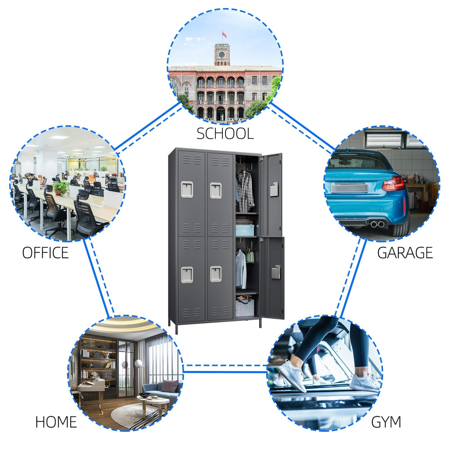 US Local 6 Doors Metal Lockers For Employees With Lock, Metal Locker With 18 Hooks For School Garage Office Gym Home,Assembly Required,Dark Grey