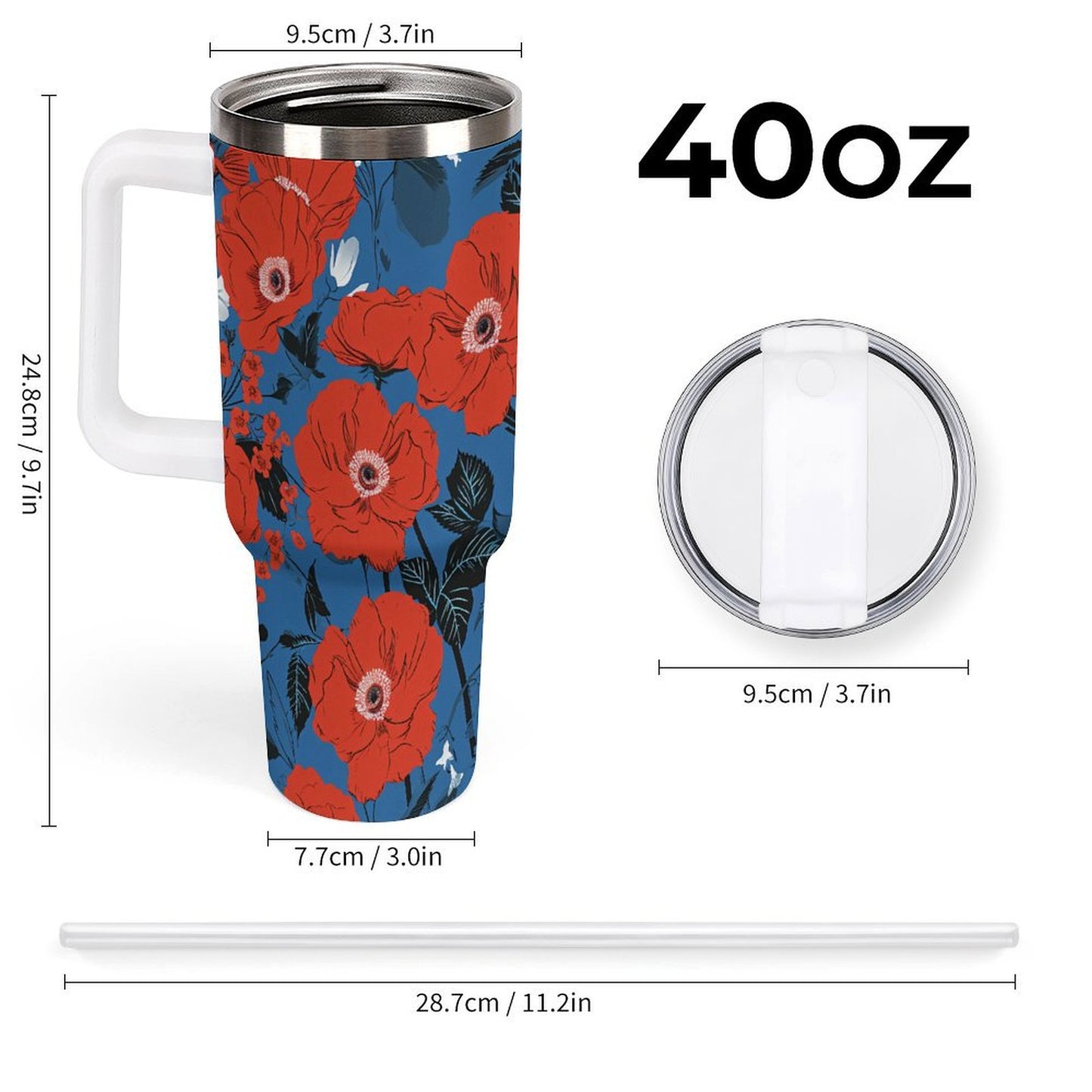 PHDT00106 POD US Local Tumbler 40 oz Large Capacity Car Cup Red Flower, Dazzling