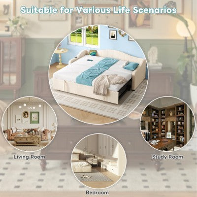 UK Local Upholstered Bed 90x190cm, Daybed, Sofa Bed With Charging Station, 3ft Single Velvet Bed With USB And Type - C Ports, Pull Out Trundle Bed For Living Room Bedroom Study Room, Beige No Mattress