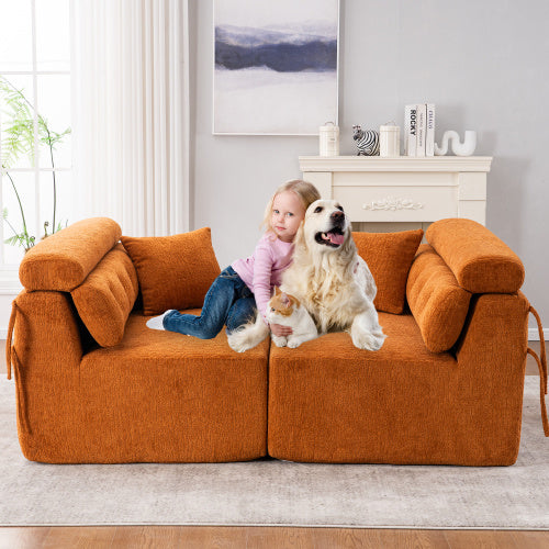 US Local LY-029 ORANGE COMPRESSION SOFA 4-seater Combined Sofa, Wood Grain Chenille Fabric, Full Sponge Compression Sofa,combined Sofa With 2 Pillows For Living  Home Furniture  Apartment