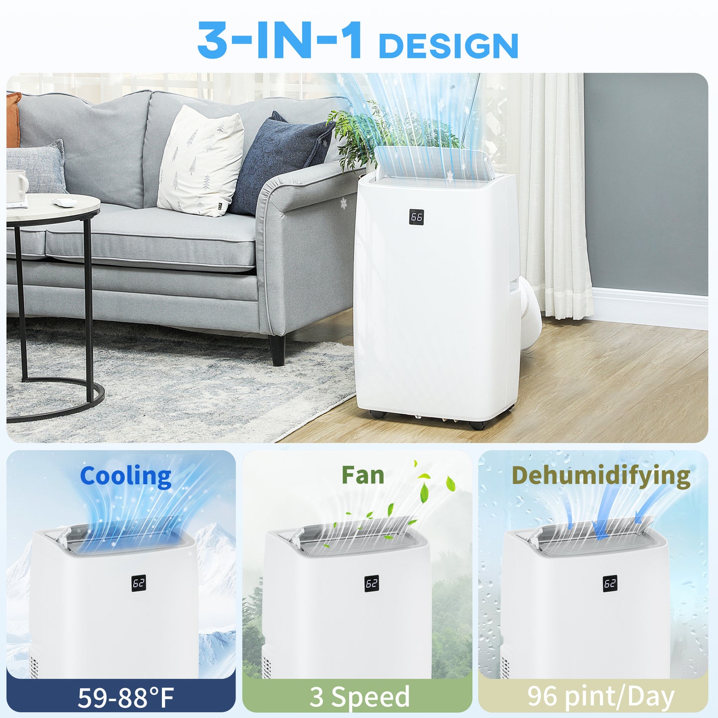 US Local 14000 BTU Portable Air Conditioner, AC Unit With Cool, Dehumidifier, Fan, 549 Sq. Ft, 24H Timer On Off, Window Kit