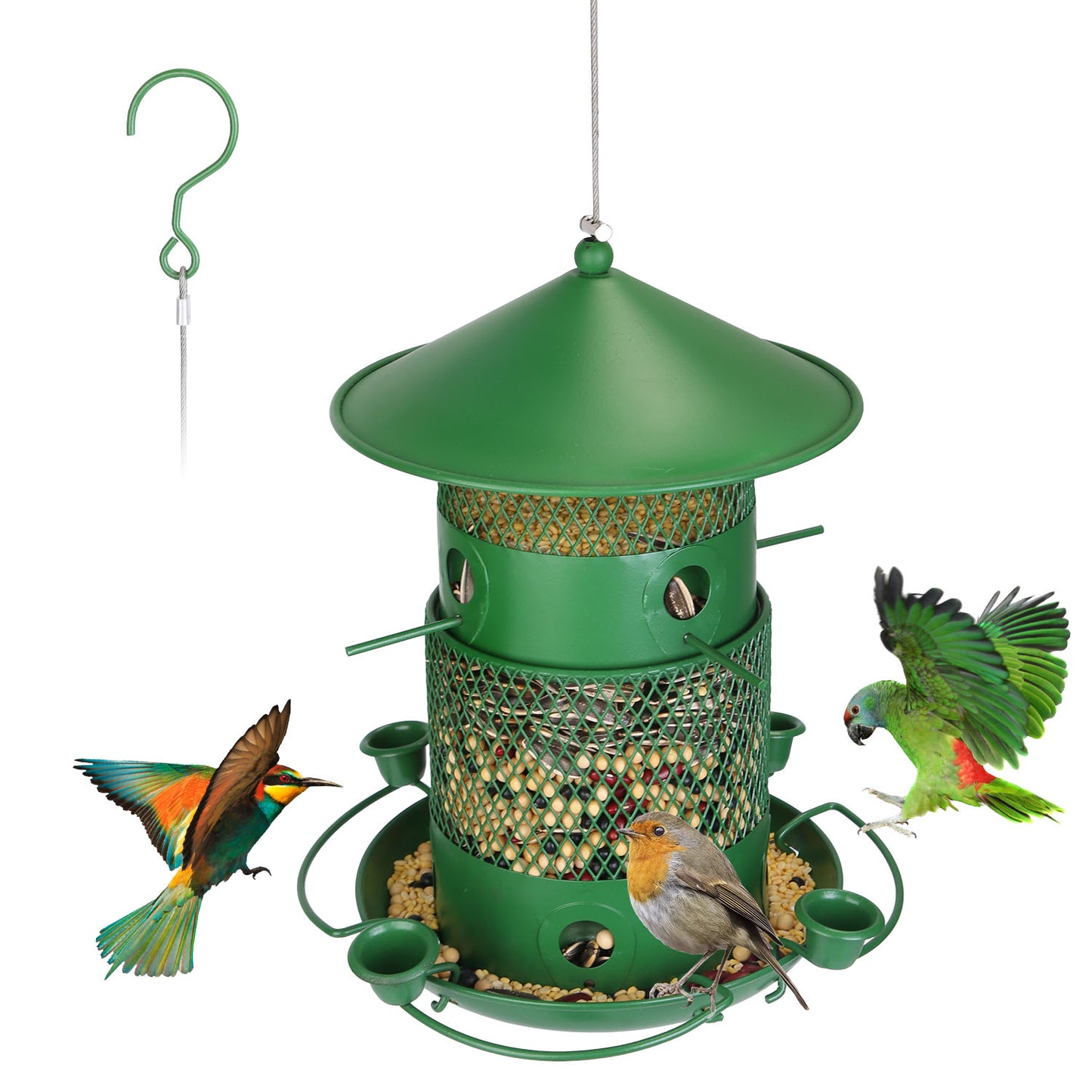 US Local 1Pc Wild Bird Feeder Squirrel-Proof Chew-Proof Metal Bird Seed Feeder Outdoor Hanging Bird Feeder With 360 Degree Circular Perches Water Cups For Yard Garden Patio