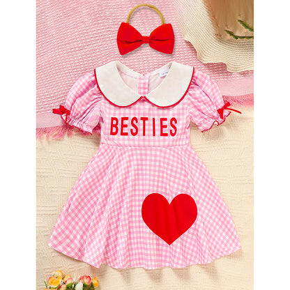 US Local Sweet Baby Toddler Girl's Short Sleeve Letter Heart Print Doll Collar Dress With Matching Headband