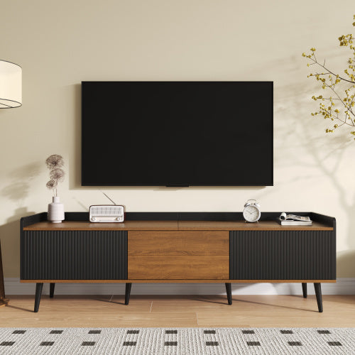 UK Local TV Cabinet, TV Table, TV Stand, Three-Door Base Cabinet. Compact Design. Black And Natural Wood Finish. Height 49.5 Cm  Length 160 Cm  Width 39 Cm