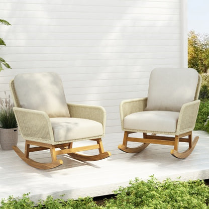 US Local Contemporary Minimalist Ivory Wicker Rocking Chair With Soft Polyester Cushions And Durable Wooden Frame, Perfect For Indoor And Outdoor Spaces Like Patio, Balcony, Or Living Room