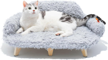 MEWOOFUN Elevated Cat Bed With Washable Cover - 26x18.3x8.5 Inch Wooden Pet Sofa For Cats & Small Medium Dogs Grey, Modern Design