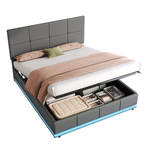 UK Local Ottoman Double Bed With LED Lighting, PU Leather Upholstered Bed With Hydraulic Storage, 4ft6 Double Bed Frame With Adjustable Square Tufted Headboard, Grey