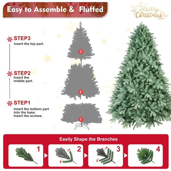 US Local Artificial 8ft Blue Green Tint Christmas Tree With 3308 PE PVC Mixed Branch Tips, Memory Wire Iron Wire, Hinged Premium Foldable Base For Indoor Holiday Decorating
