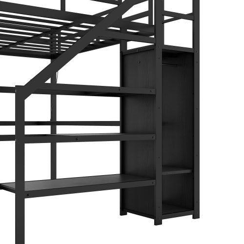 US Local Metal Loft Bed With Wardrobe And Adjustable Shelves