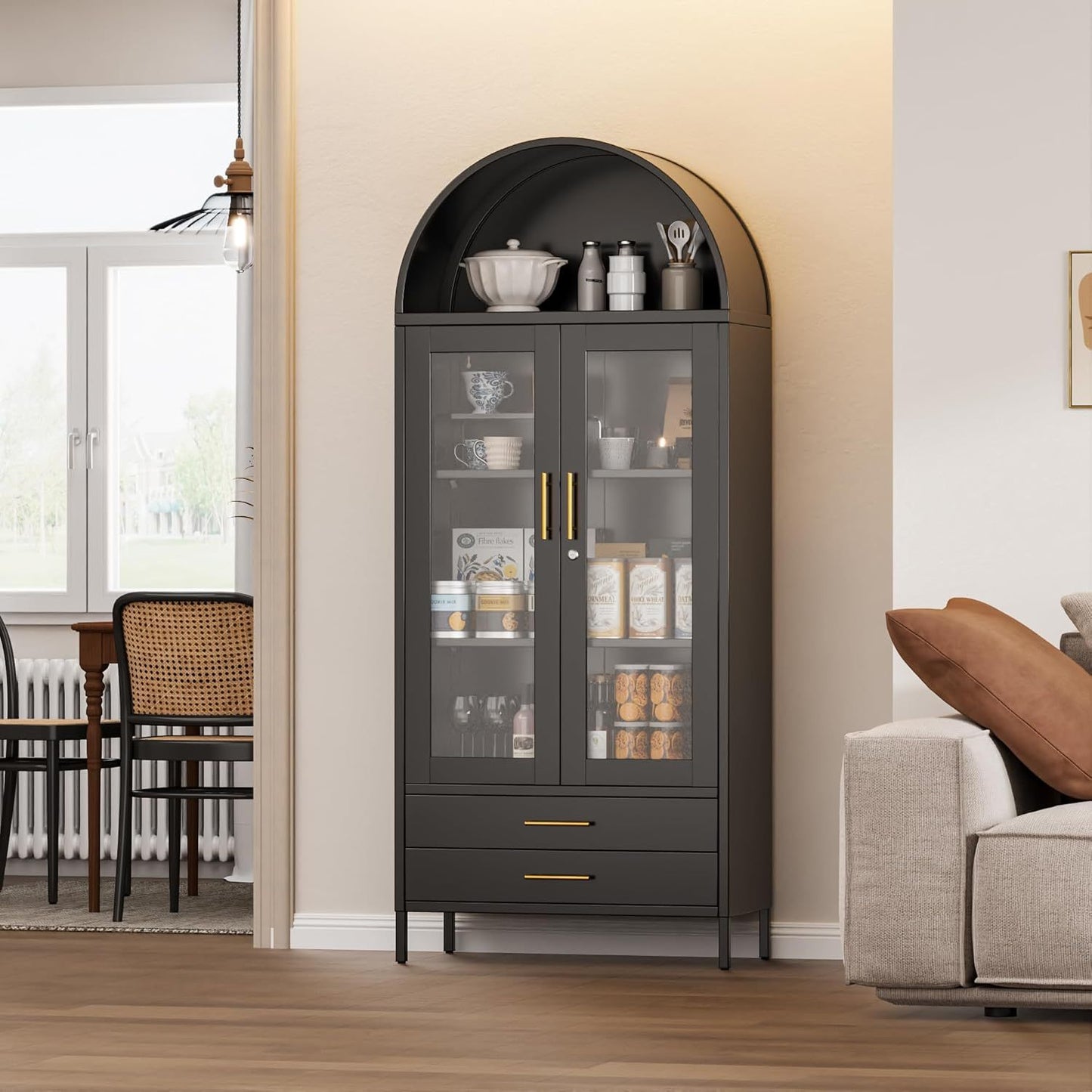 US Local 73 In Tall Metal Arched Cabinet, Kitchen Pantry Cabinet With Glass Doors, Modern Farmhouse Arched Bookcase With 2 Drawers And 2 Adjustable Shelves For Living Room, Black, Assembly Required