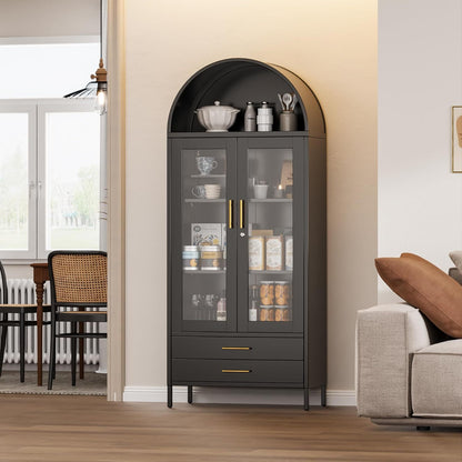 US Local 73 In Tall Metal Arched Cabinet, Kitchen Pantry Cabinet With Glass Doors, Modern Farmhouse Arched Bookcase With 2 Drawers And 2 Adjustable Shelves For Living Room, Black, Assembly Required