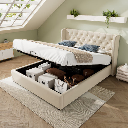 UK Local Upholstered Bed, With Hydraulic Lever, Functional Bed From Storage, 135 X 190 Cm, Without Mattress, Velvet, Beige
