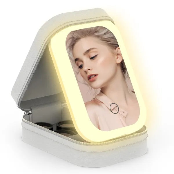 US Local Portable Travel Makeup Bag With LED Mirror Rechargeable Beauty Mirror With 3 Color