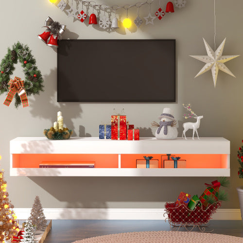 UK Local TV Stand With LED Lights, Floating Entertainment Center Media Console, Wall Mounted High Gloss Modern Storage Shelf For Up To 65 TV