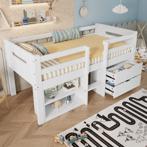 UK Local Wooden Bed, Storage Bed , Children S Bed, 3ft Single Bed 90x190cm, Safety Guardrail, Two Drawers With Slides, Two Storage Compartments, Pine Wood  Particle Board, White