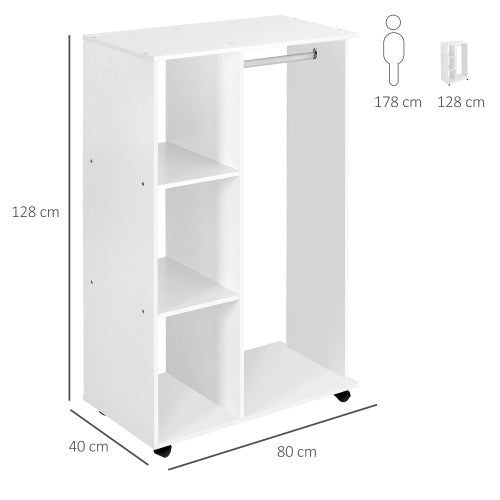 UK Local HOMCOM Open Wardrobe On Wheels, Bedroom Wardrobe With Clothes Hanging Rail, 3 Storage Shelves, Mobile Garment Rack For Cloakroom, Hallway, White