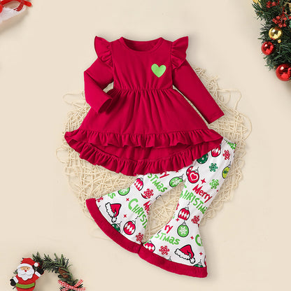 US Local Toddler Baby Girls Christmas Clothes Ruffle Long Sleeve Heart Print Tops Dress Christmas Ball Print Flared Pants With Headband Outfits Set