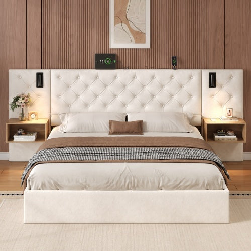 UK Local King Upholstered Bed With Charging Station, Velvet Hydraulic Storage Bed With Reading Light, 5ft King Bed Frame With Handmade Button Tufted Wide Headboard And Bedside Storage, Beige