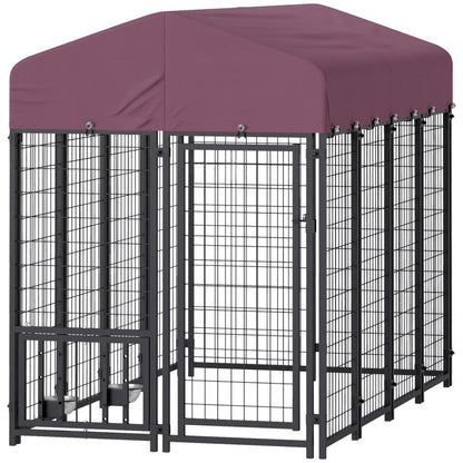 US Local Welded Wire Outdoor Dog Kennel With 360 Rotating & 4 Levels Adjustable Bowls, Waterproof Cover, 7.9 X 4 X 6