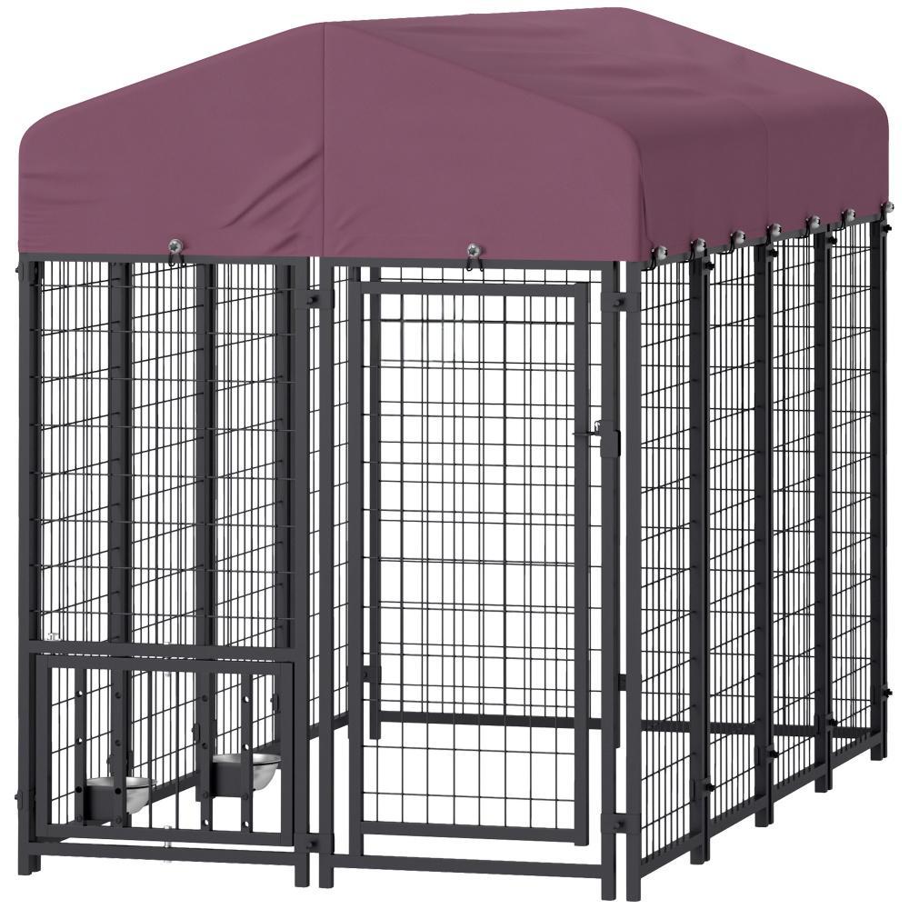 US Local Welded Wire Outdoor Dog Kennel With 360 Rotating & 4 Levels Adjustable Bowls, Waterproof Cover, 7.9 X 4 X 6