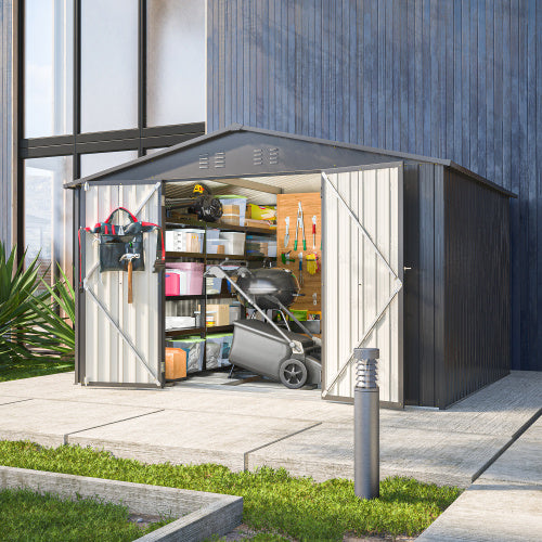 10X8 FT Outdoor Storage Shed, All Weather Metal Sheds With Lockable Doors, Tool Shed For Garden, Patio, Backyard, Lawn, Black