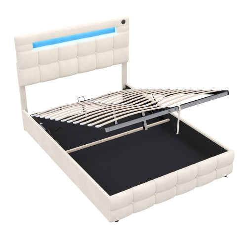 UK Local 4ft6 Double Upholstered Bed Frame With Hydraulic Storage, Velvet Ottoman Bed With LED Lighting And Charging Station, Double Bed With Adjustable Button Tufted Headboard, Beige